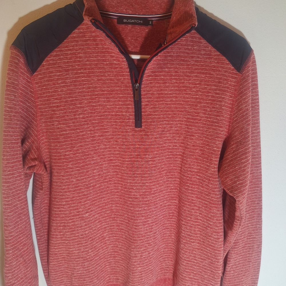 Bugatti 1/4 Zip Red White Striped Sweater Medium Pullover Men's Golf Casual